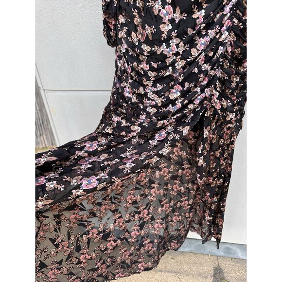 ASTR The Label Dark Floral Puff Sleeves Burntout Velvet Ruched Midi Dress Sz L - Picture 15 of 16